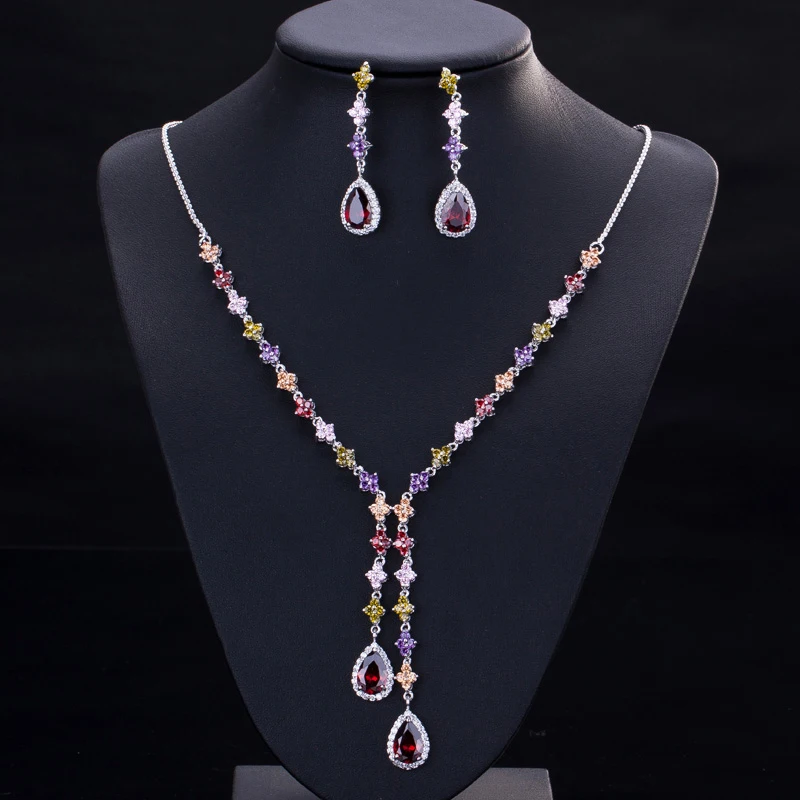 Fashion Mix Multicolor Cubic Zirconia Long Necklace and Earring Party Jewelry Set for Women Wedding Dress Accessories