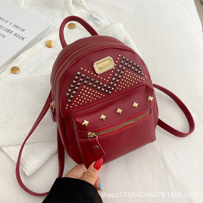 

Fashion Casual Backpack Women Rivet Quilted Backpack Mini PU Leather Girls School Backpacks Small Ladies Luxury Female Handbag, Green,pink,red,black,dark pink