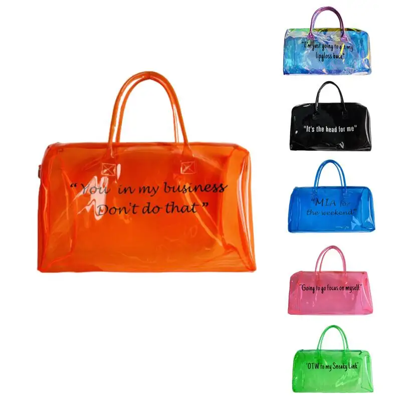 

Custom phrase Clear Overnight Tote Spend A Night Handbag Transparent Colorful Holographic PVC Duffle Bag
