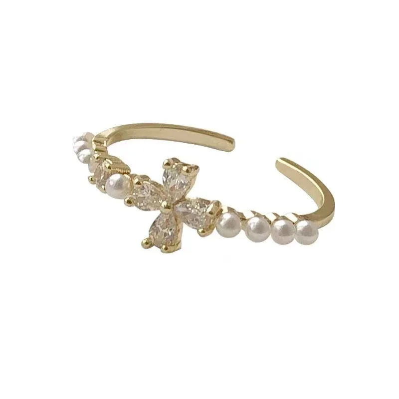 

New Design Adjustable Flower Fashion Jewelry Zircon Pearl Gold Rings Women