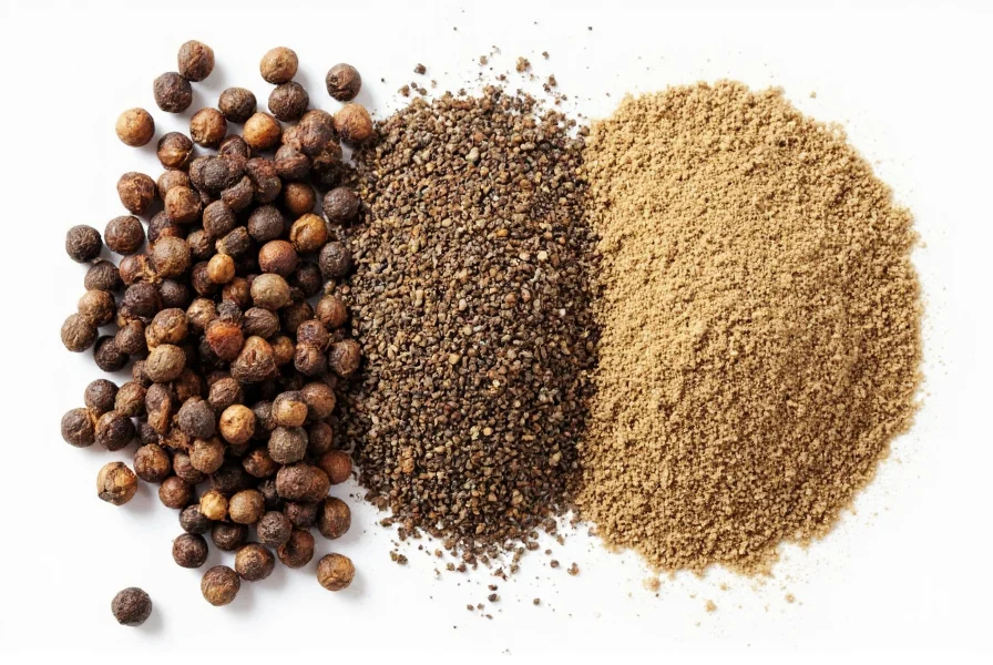 Assortment of whole peppercorns and freshly ground pepper showing texture differences for cooking