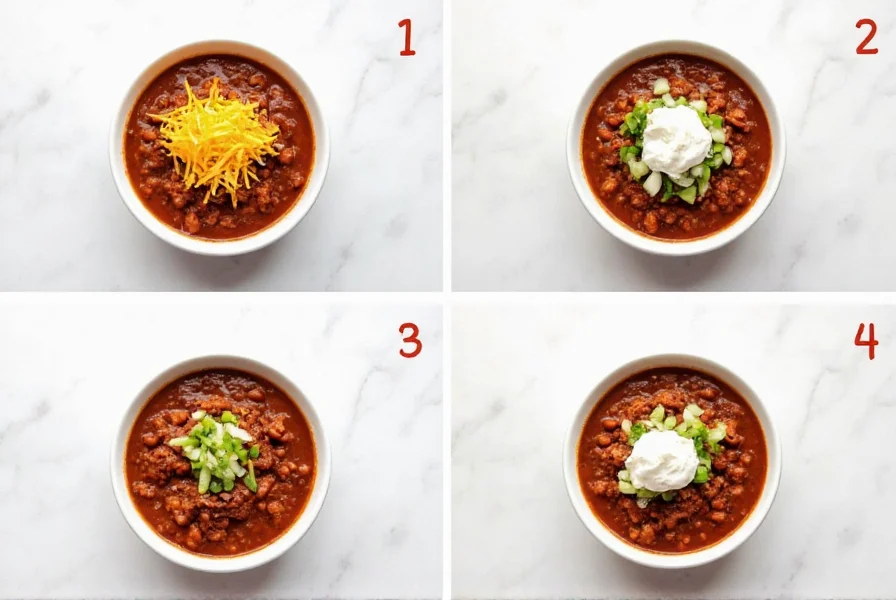 Slow cooker crock pot chili serving suggestions showing bowls with various toppings including shredded cheese, sour cream, and diced onions