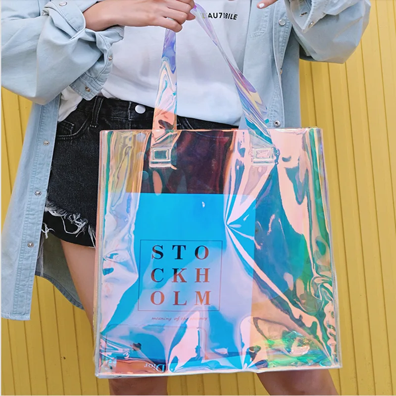 

Custom Logo Wholesale Fashion Waterproof Transparent Holographic Laser PVC Tote Shopping Bags Hologram Iridescent Clear Shoulder
