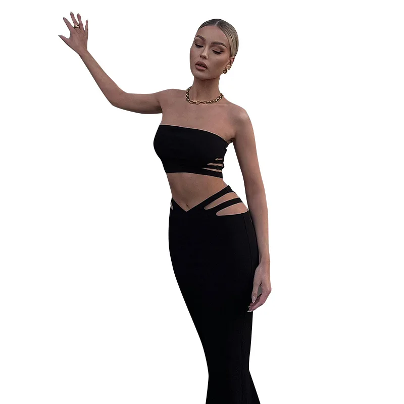 

2022 Summer women clothing new solid color wrap chest hollow out navel sexy bodycon dress two piece skirt set, As picture