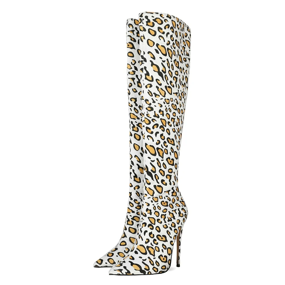 

Women Winter Back Metal Zipper High Heels Horse Hair Fabric Ladies Leopard Print Over Knee High Boots, Can customized color