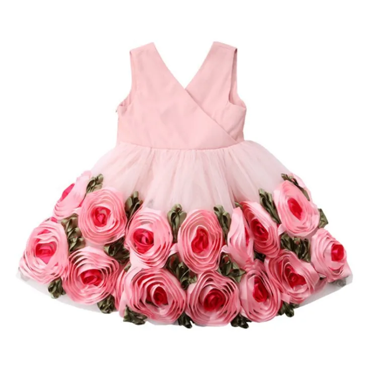 

Ins summer European American Lovely flower Suspender kids children's girls' dress, Pink