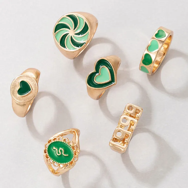 

SC 6pcs Stackable Gold Chunky Yin Yang Ring Set Jewelry Women Retro Letter 1999 Drip Oil Green Windmill Snake Heart Rings Sets, Green, pink, blue, black, orange
