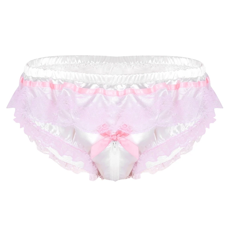 

Cheap Mens Satin Frilly Floral Lace Zipper Crotch Briefs Underwear Sissy Boys Panties For Male
