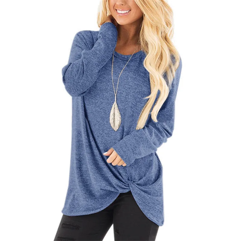 

Lady Fall Winter Twist Solid Round-Neck Long Sleeve Simple T-Shirt For Women 2021