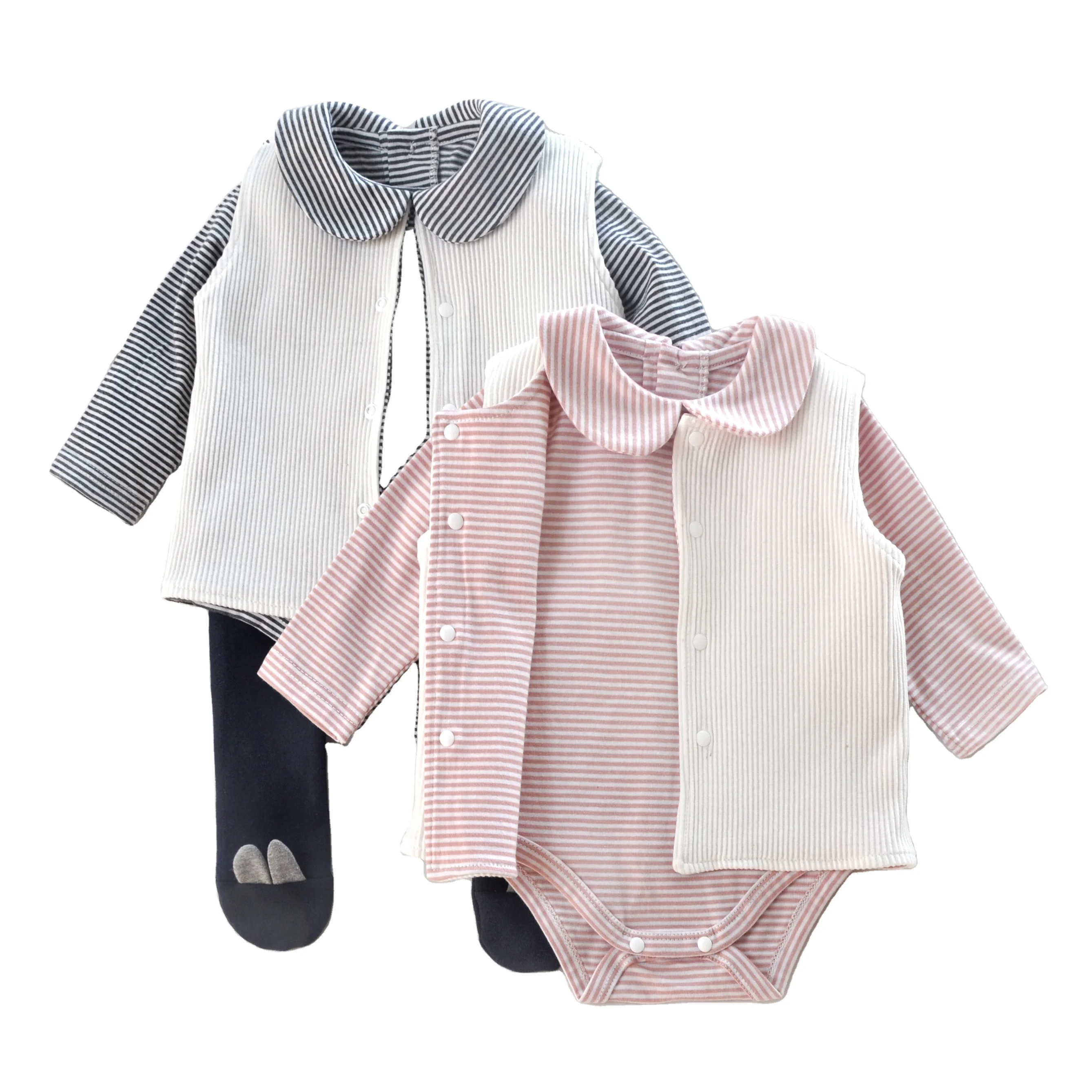 

Wholesale Unisex Gender spring newborn baby clothes set cotton stripe baby rompers with waistcoat, Pink+navy blue
