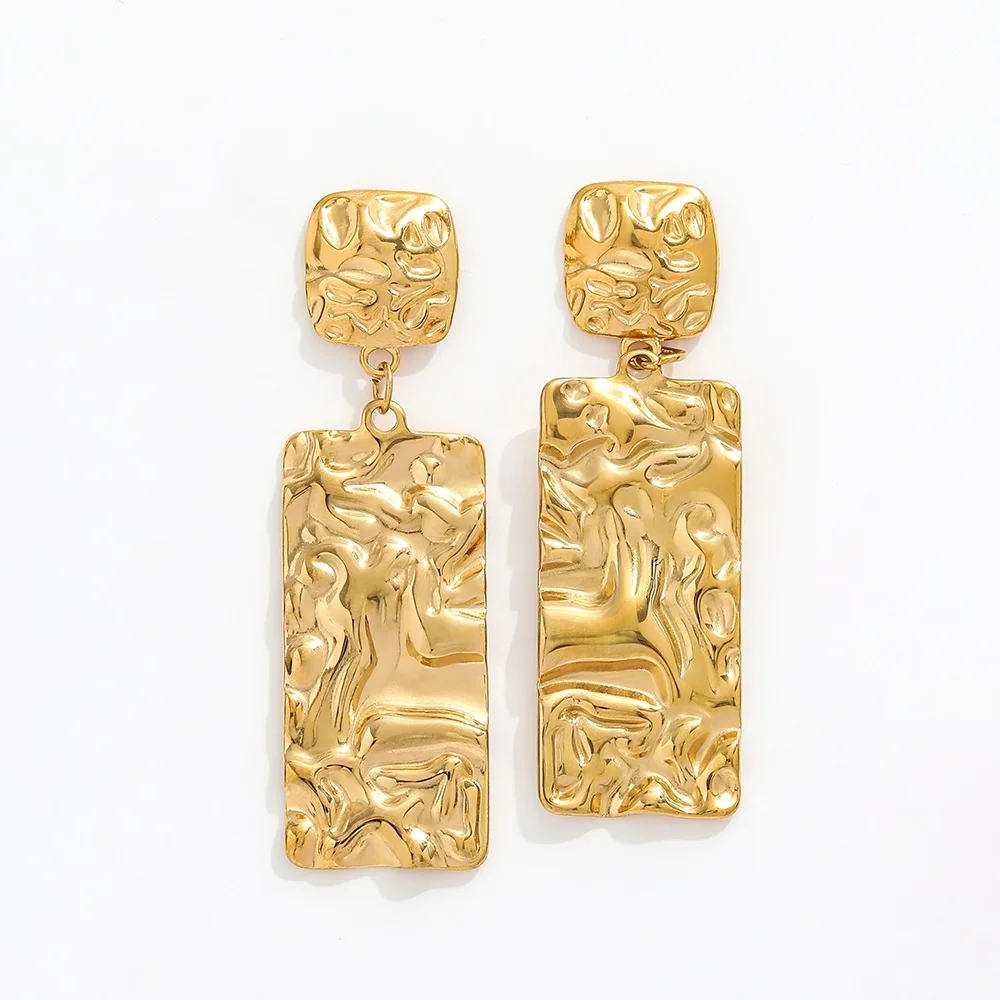 JOOLIM 18K PVD Gold Plated Dressy Big Rectangle Hammered Vintage Nugget Texture Drop Earring  Stainless Steel Jewelry for Women