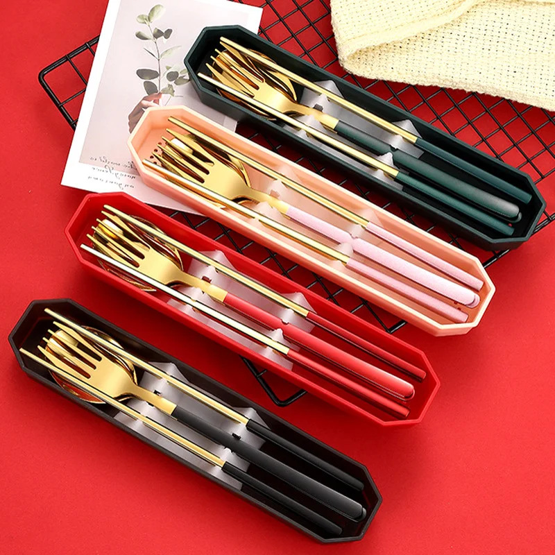 

Korean Portable Dinnerware Camping Travel Flatware Stainless Steel 304 Cutlery Set with Case, Pink,green,black,red