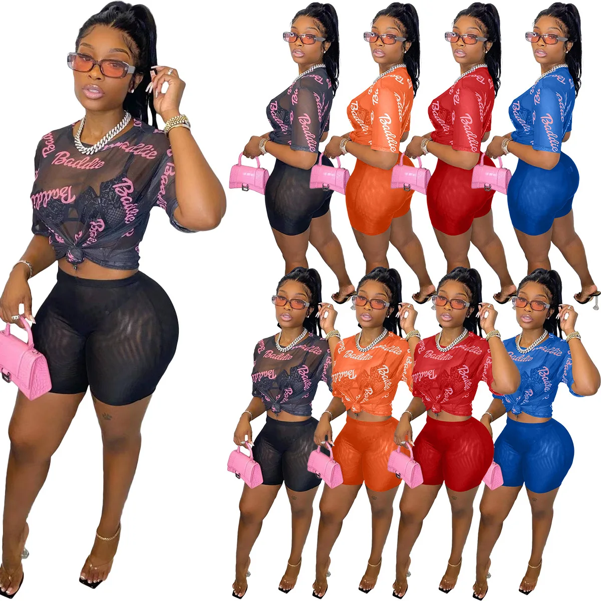 

W1378 - sexy mesh letter printed short sleeve t shirt and shorts women 2 piece set, 4 colors