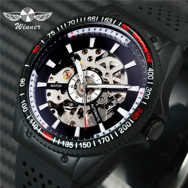 

Winner 076 Official Mens Watches Top Brand Luxury Automatic Watch Sports Silicone Strap Skeleton Dial Fashion Mechanical watch