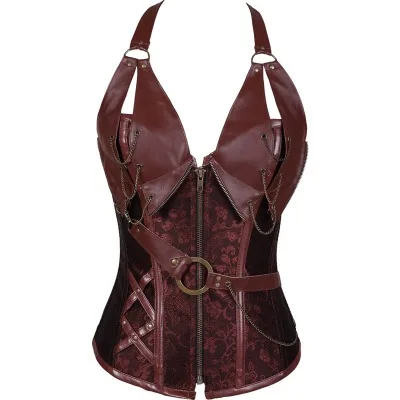 

Red Mature Corse Leather Corset Zipper Steampunk Corselet Waist Trainer Leather Patchwork Sexy Bustier Overbust Corset Tops, Black,blue,rose red,purple ,gray