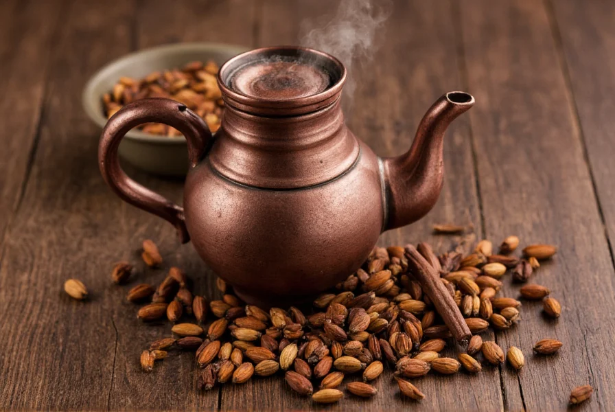 Traditional Middle Eastern coffee pot with cardamom pods and whole spices arranged nearby