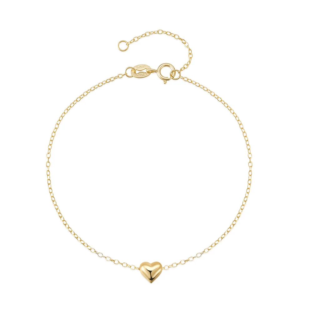 Fashion Jewelry 925 Sterling Silver Bracelet Heart Charm Plain Gold Plated Bracelets for Women Valentine's Day