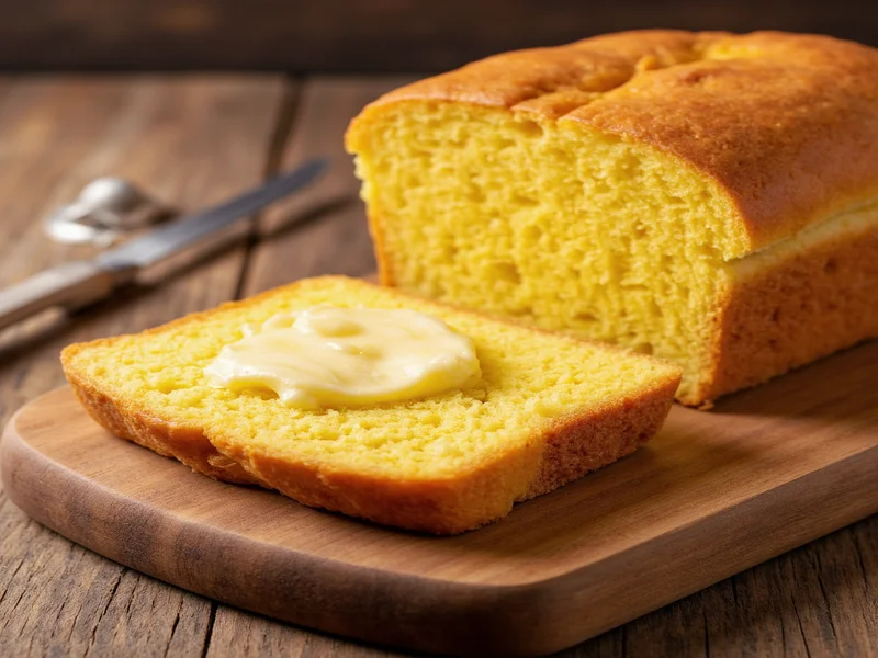 Sliced cornbread with honey butter on rustic wooden board