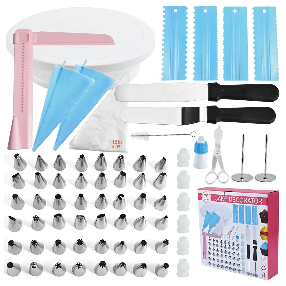 

Hot sell 70 pcs icing piping tips bakery tools set rotating cake stand turntable cake decorating kit, As photo