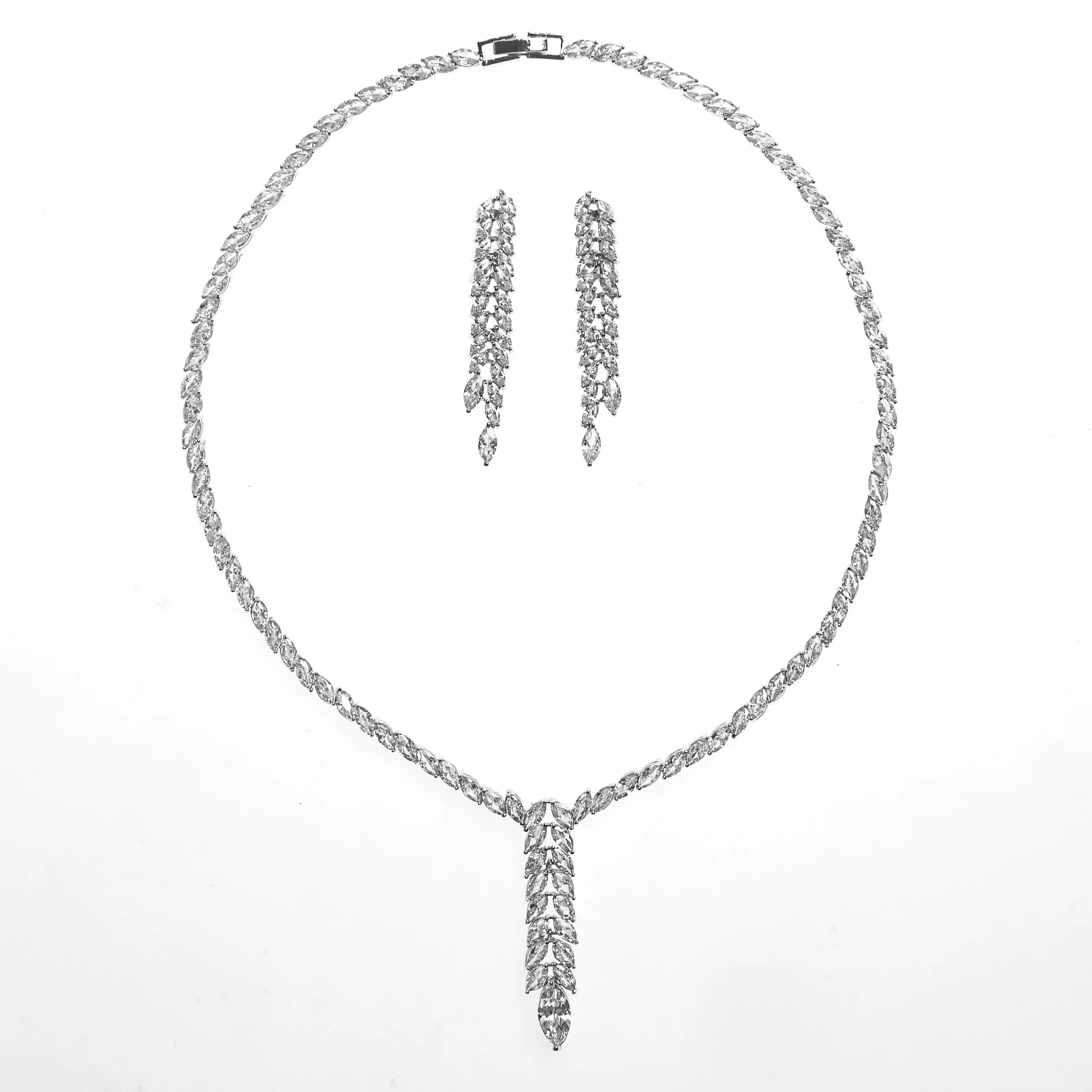 

Hot Sales Luxury AAA Zircon Jewelry Long Tassel Necklace Earrings Women Bride Wedding Engagement Jewelry Set
