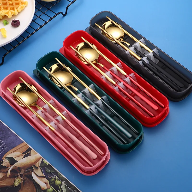 

304 Stainless Steel Spoon Chopsticks Set Portable Spoon Chopsticks Two-piece Student Tableware Set Gift Kitchen Accessories, As show