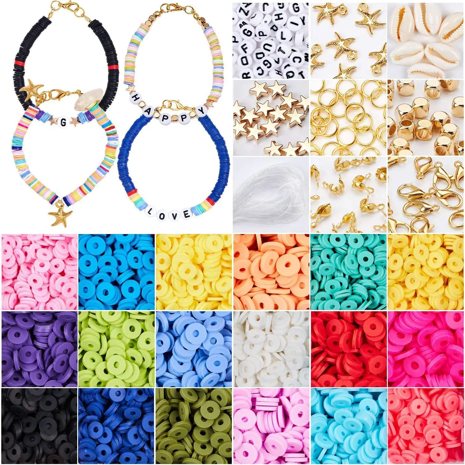 

4800 Pcs Flat Round Polymer Clay Spacer Beads for Jewelry Making Bracelets Necklace Earring DIY Craft Kit (6mm 18 Colors Beads), As the picture shows