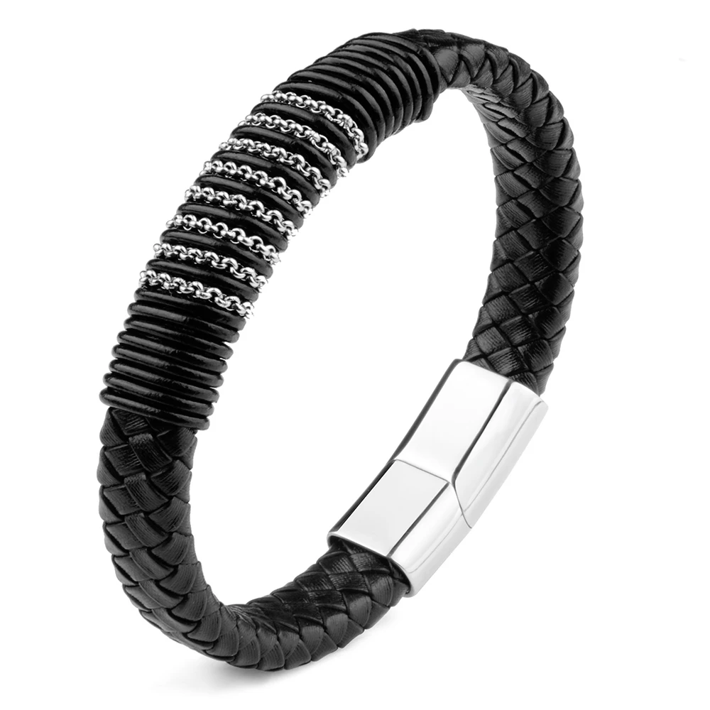 

Fashion Chain Winding Stainless Steel Genuine Leather Bracelet