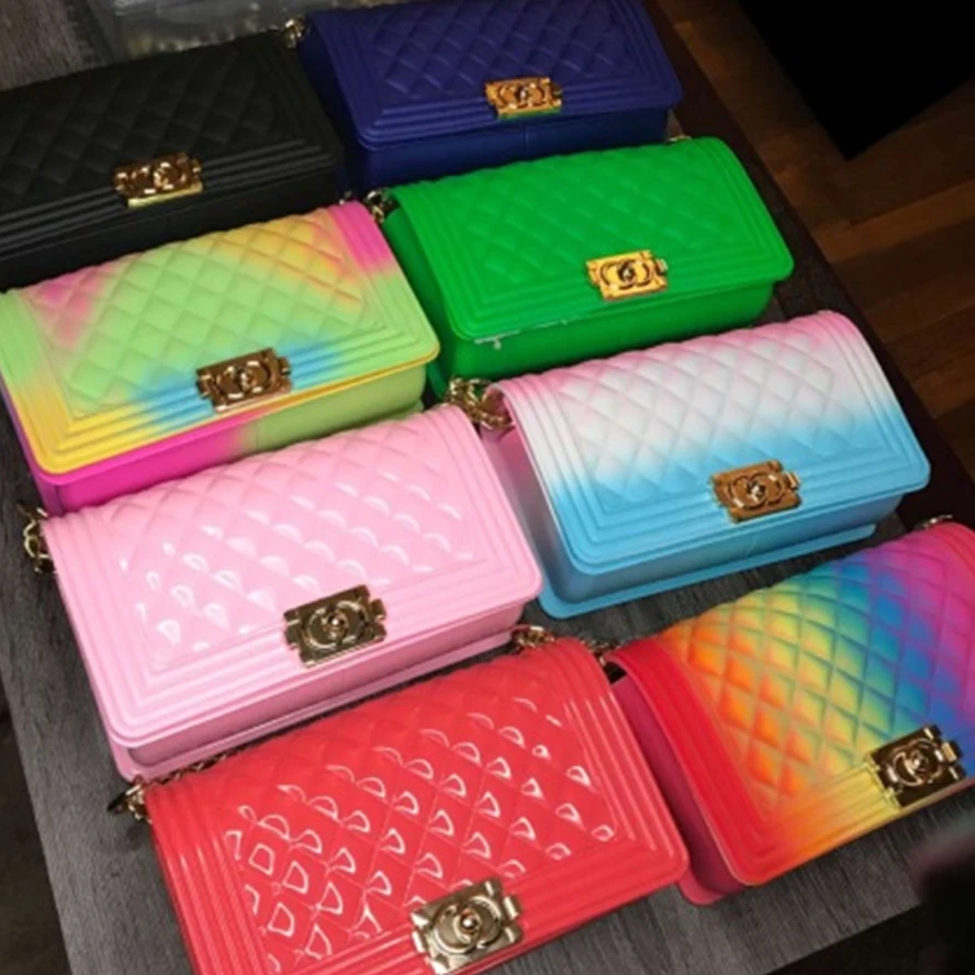 

2020 Fashion luxury rainbow purse chain lady colorful bags candy jelly hand bags handbags clear women purses handbag jelly bag, Picture