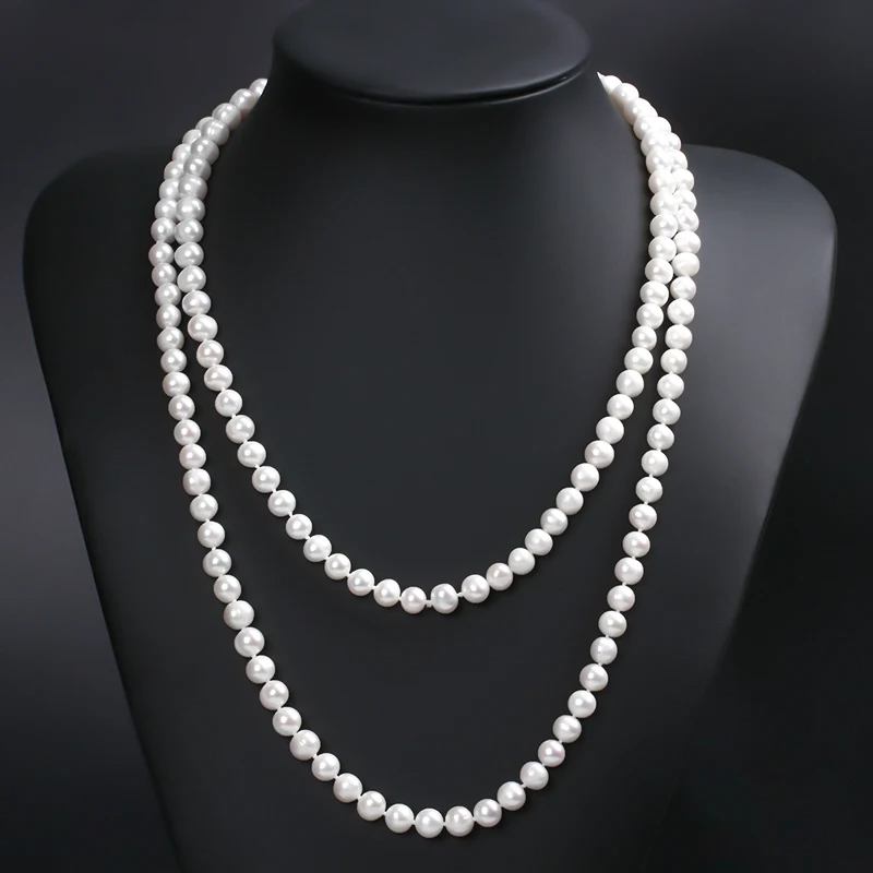 

Certified 8MM / 120CM Ball Beaded Sweater Chain Dainty Fresh Water Long Large Pearl Necklace