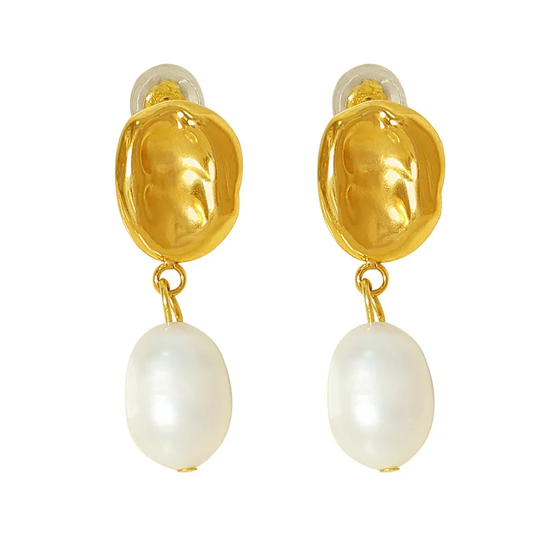 Joolim 18k Gold Plated Freshwater Pearl Tassel Hammered Stud Earring Stainless Steel Jewelry for Women New Costume Jewelry