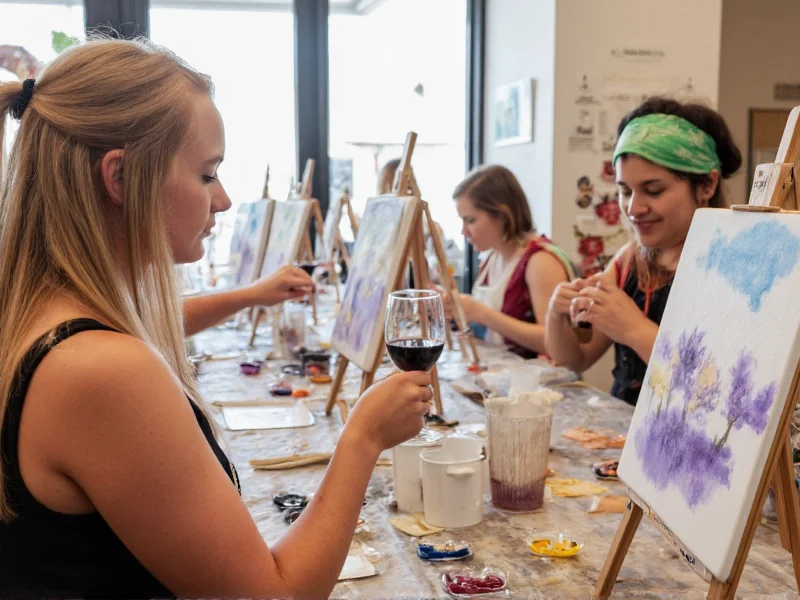 Group painting during wine craft class in San Diego studio