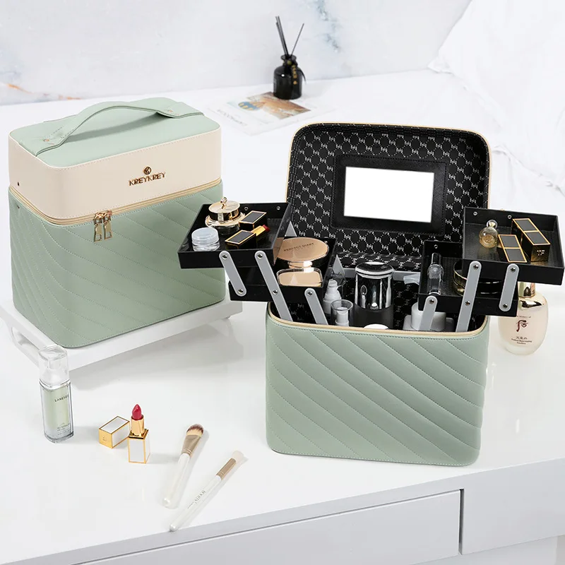 

Large Portable Cosmetic Professional Train Makeup Brush Set With Mirror Case, As picture