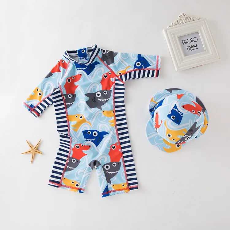 

Baby boy one piece swimsuit yellow shark print kids cute swimwear with hat