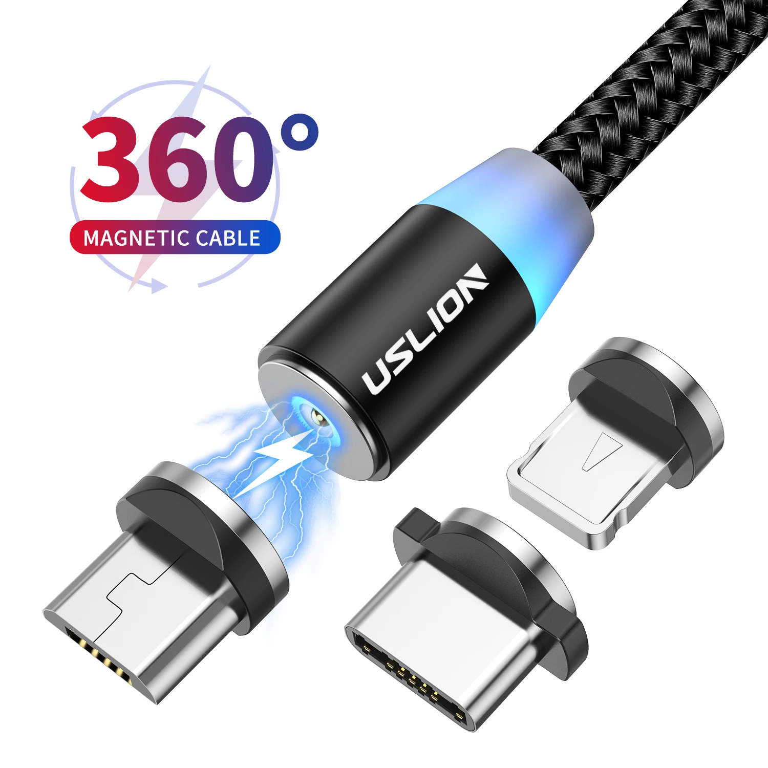 

USLION 1M(3.3ft) 2.4A 3 in 1 Fast Charge LED Micro USB Type C Braided Magnetic Usb Cable For Iphone, Black blue gold red silver