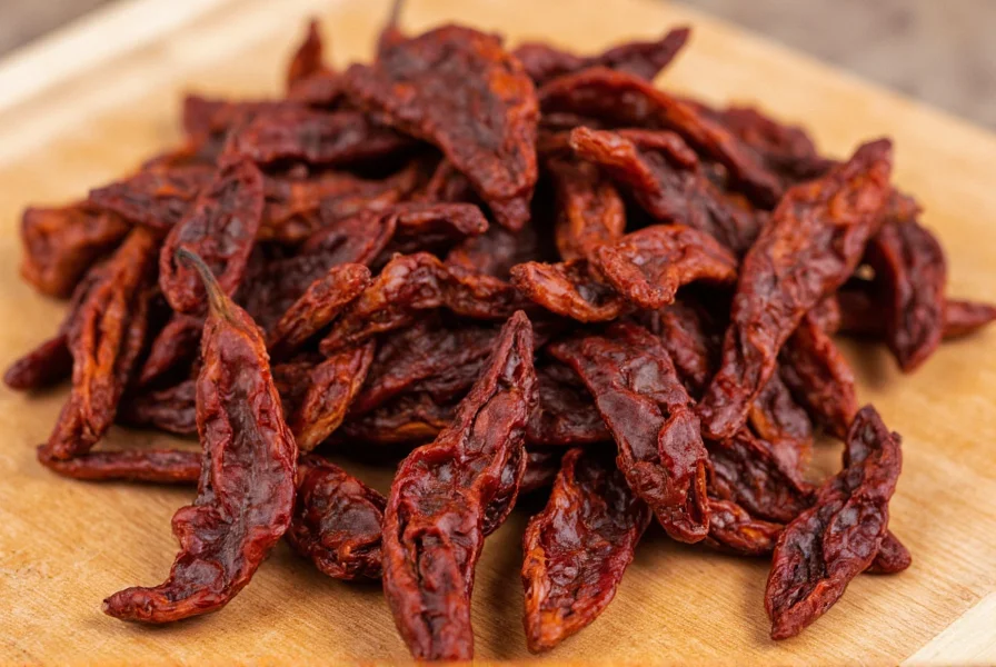 Close-up view of dried ancho chilies showing their wrinkled texture and deep reddish-brown color on wooden cutting board