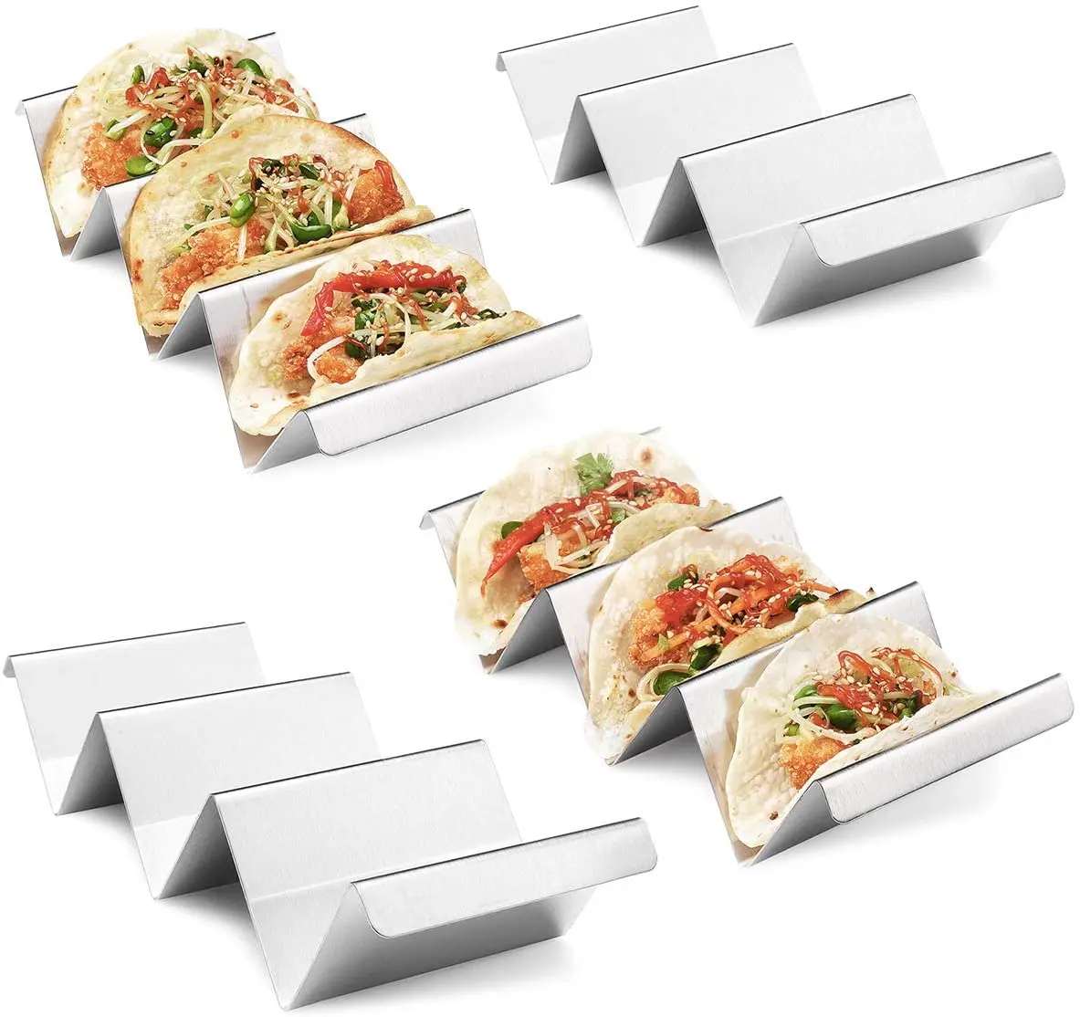 

Wholesale Stainless Steel 4 Pack Taco Holder Stand Taco Truck Tray Style Rack Holds Up to 3 Tacos Each, Silver