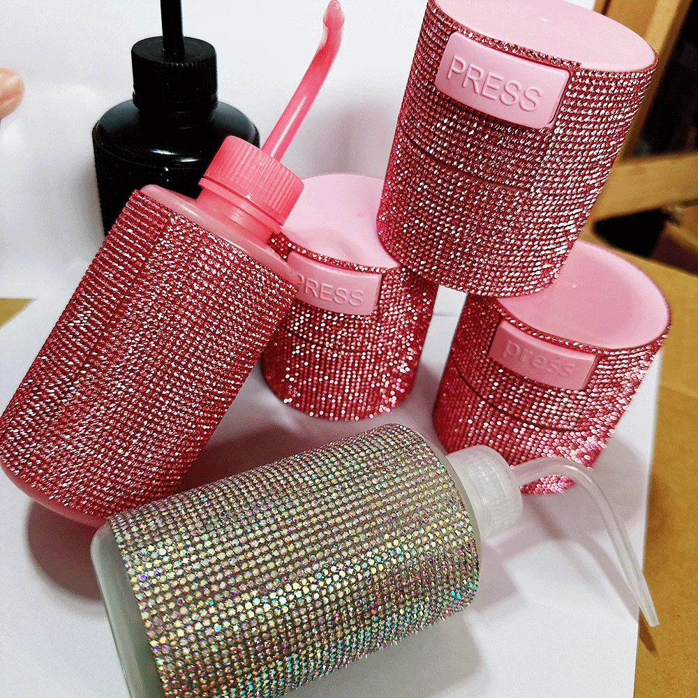 Custom logo Glue Storage Container with Rhinestone Squeeze Washing Bottle Diamond Lash Fan Lash Mirror for Eyelash Extension