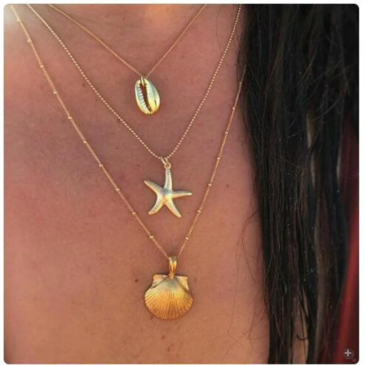 

Best Selling Gold Plated Adjustable Multilayer Chain Starfish Scallop Shell Bohemian Pendant Necklace