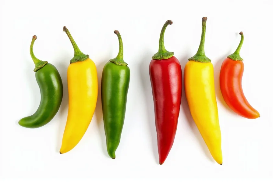 Side-by-side comparison of serrano and jalapeno peppers showing size difference and color variations