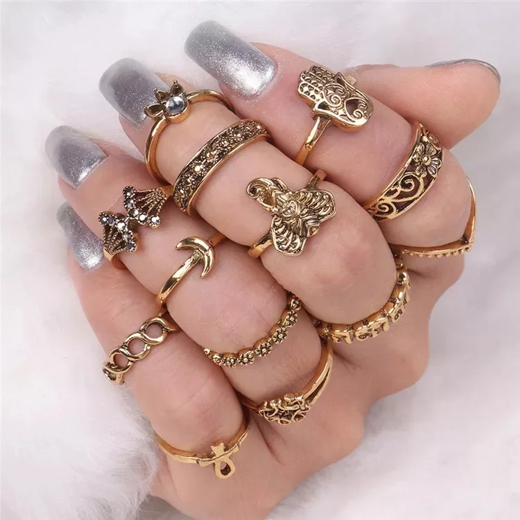

13pcs_set Vintage Antique Silver Gold Moon Heart Crown Opal Stone Finger Gemstone Knuckle Rings Set For Women Bohemia Jewelry