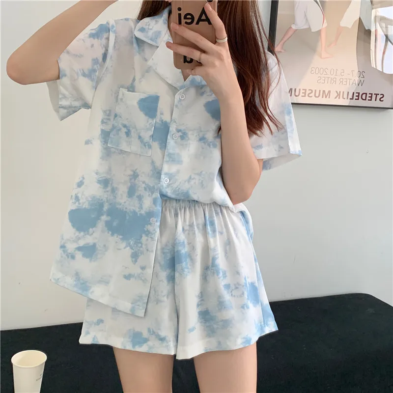 

Sleep Wear Clothing Short Piyama Wanita Girls' Sleepwear Pijamas Juveniles Mujer Premium Pyjamas Tie Dye Shirt Pajamas For Women