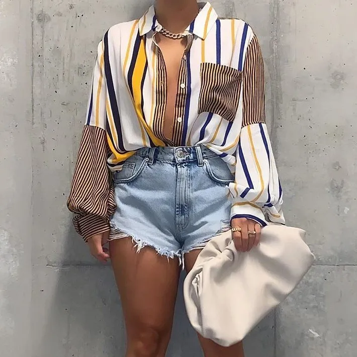 

S0023A New women's casual Printed stripe fashion collage blouse