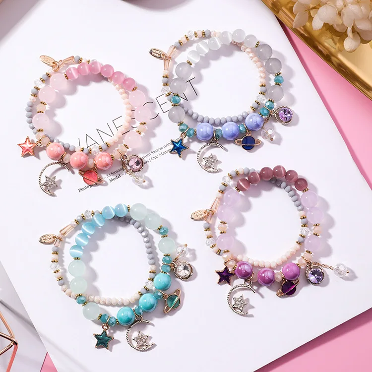 

Sweet Double Layer Crystal Beaded Bracelet Zircon Star Moon Opal Stone Pendant Bracelets for Women (KB8289), As picture