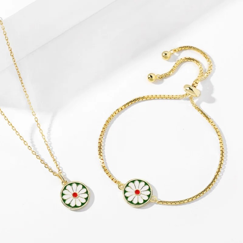 

925 Silver Daisy Jewelry With Box Chain For Women Flower Pendant Necklace Bracelet Fashion Jewelry Sets, Gold
