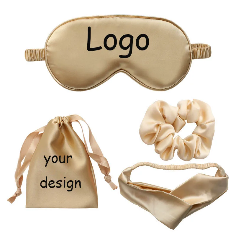 

Wholesale Accept Custom Logo Satin Silk Hair Band Drawstring Bag Silk Eye Mask Sleep Wear Travel Four-piece Set, 8 colors