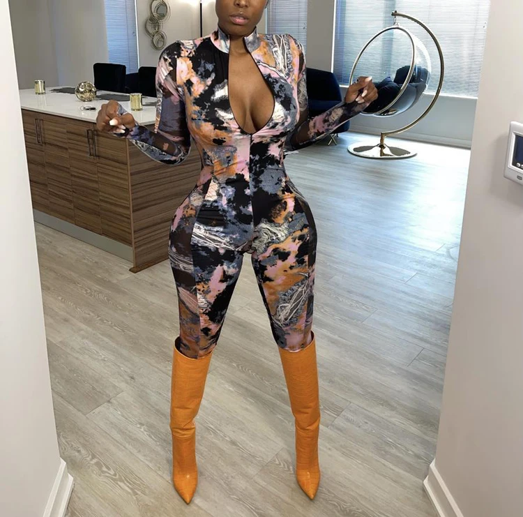 

2021 women clothing New design fashion digital printed skinny jumpsuit one piece bodycon jumpsuits long sleeve jumpsuit women, Picture