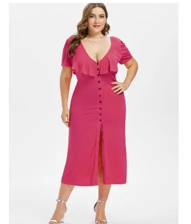 

Elegant Casual Front Slit Short Sleeve Women Dresses Plus Size V-Neck Ruffle Crises Cross Button Dress High Waist Dress, Pictures