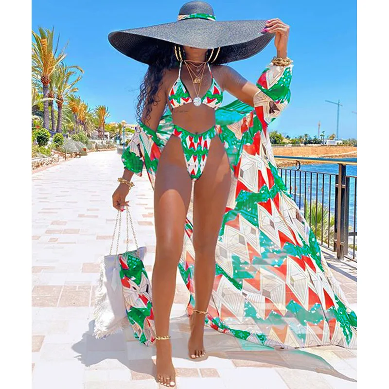 

GX10029 wholesale african lady three piece swimsuit bathing suit swimwear 3 piece bikini set with cover up, Picture