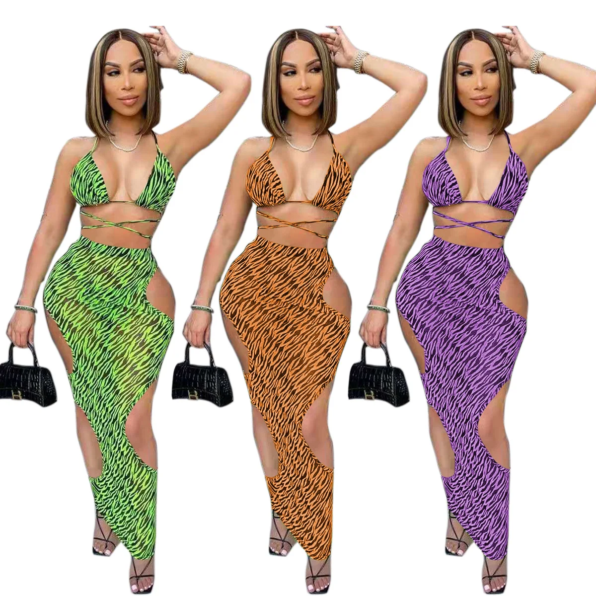 

2021 New Bikini Sexy Halter Top Bodycon Hollow Out Blackless Printed Beach Wear Three Pieces Sets for Women Wholesale OEM ODM
