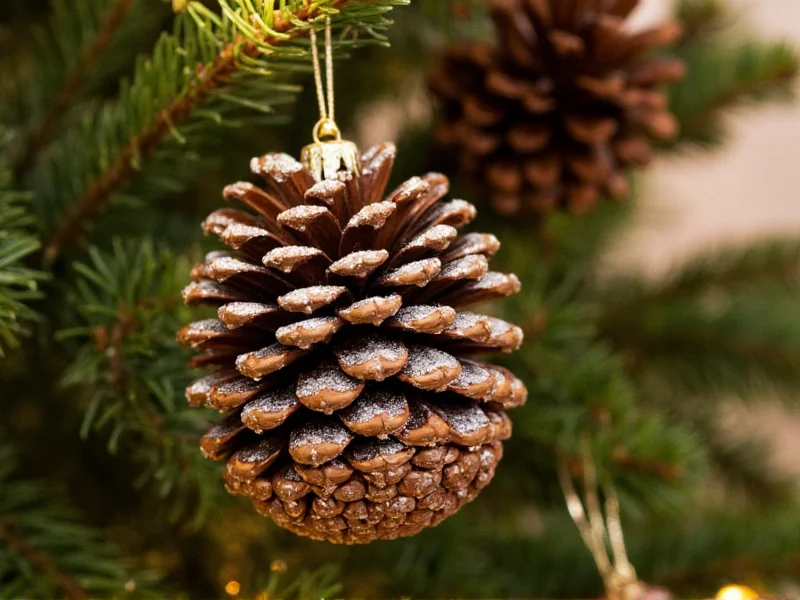 Close-up of glittery pinecone Christmas ornaments on tree